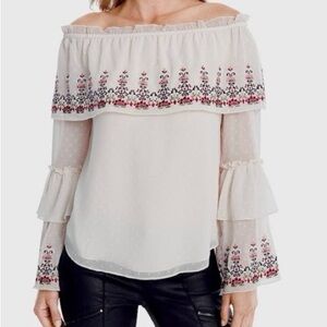 Romantic Embroidered Off Shoulder Blouse Size L EC Ecru White HouseBlack Market